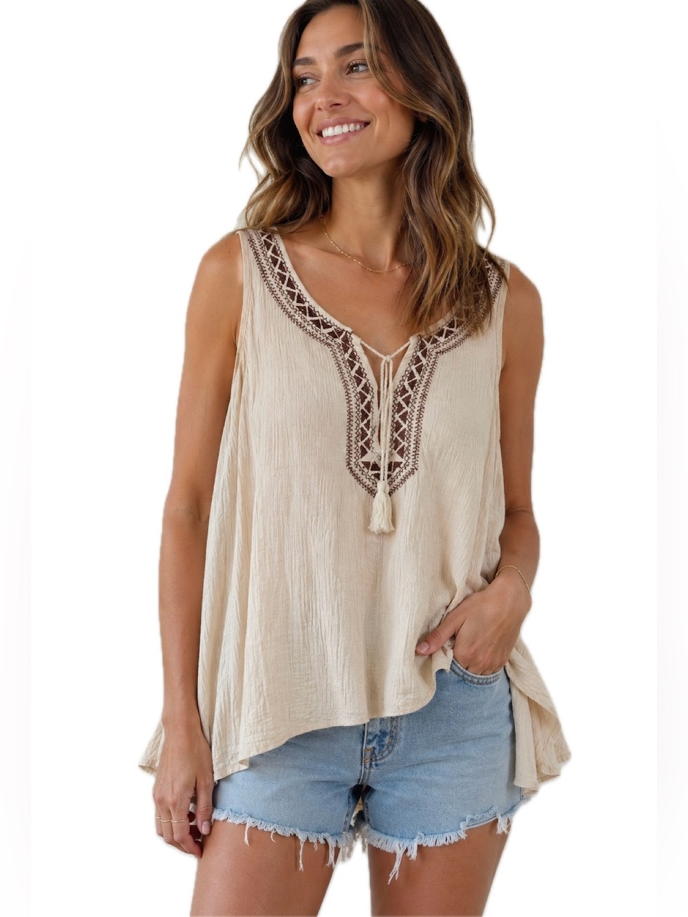 Boho Embroidered Gauze Tank Top Cream Tassel Tie Festival Peasant Blouse NWT SM
